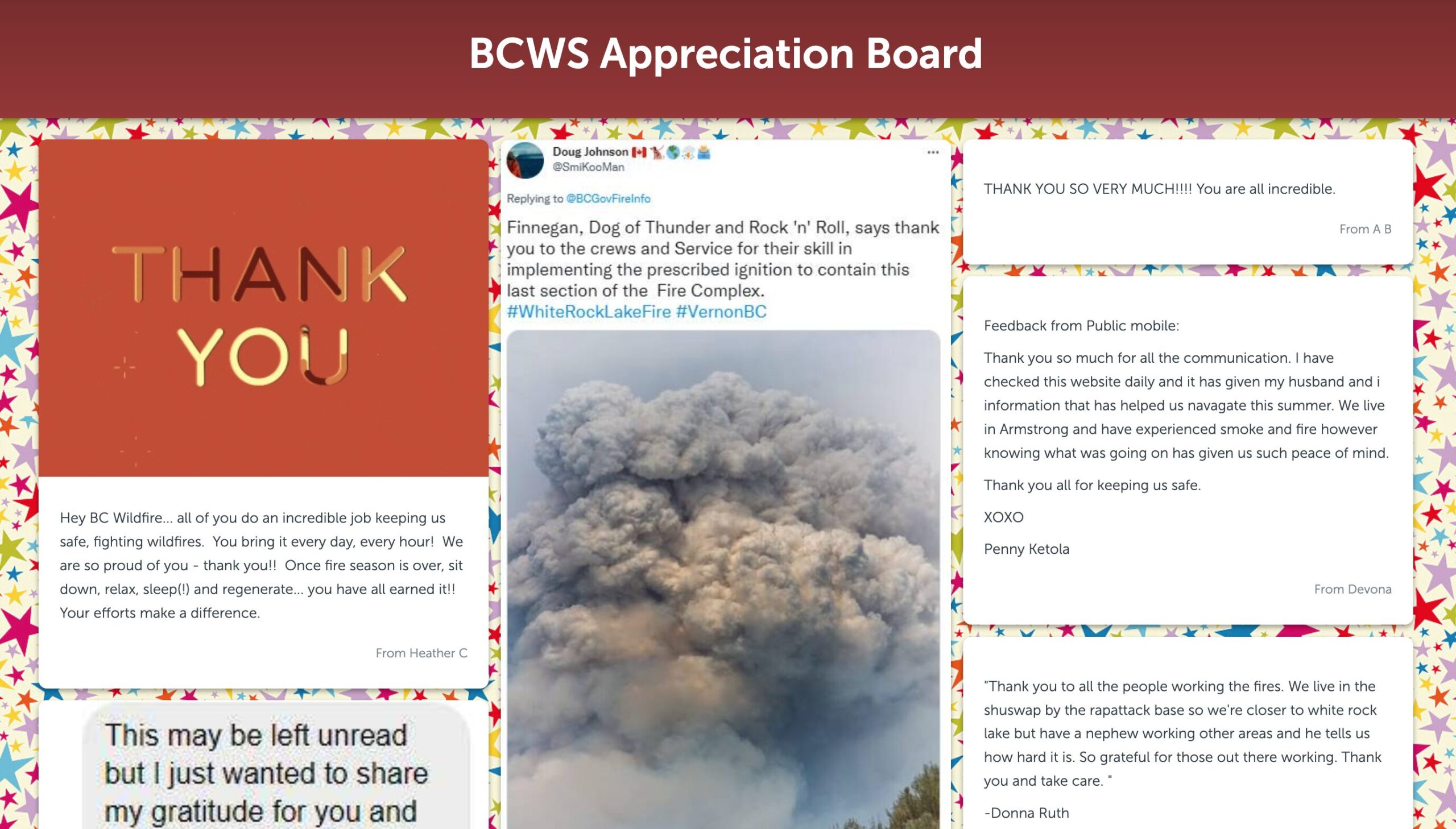 An example of Kudoboard, a leading employee recognition software app, with an appreciation board for BC Wildfire's team.